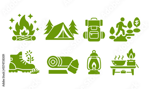 Camping and Outdoor Icons. Green vector icon set showing tent, backpack, boots, flashlight, and trees, perfect for themes like hiking, camping, and nature tourism.