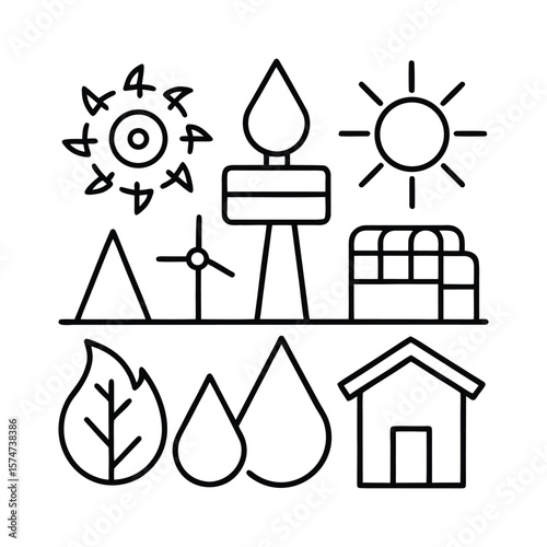 Clean Energy Sources Icon Set for Environmental and Sustainable Technologies