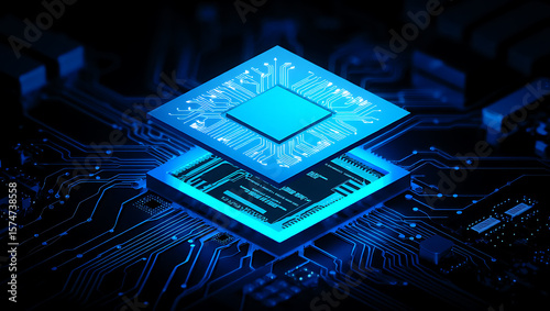 Futuristic glowing blue computer processor chip on a dark circuit board background