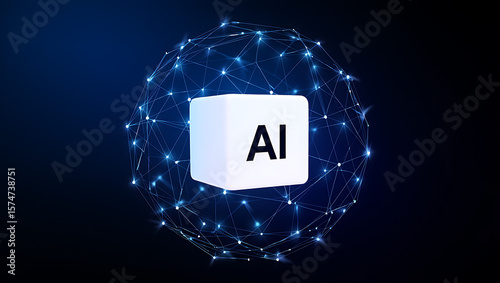 Abstract glowing network sphere with a central cube displaying the letters ai