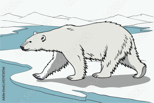 Illustration of a polar bear walking on an ice floe with mountains in the background and blue water