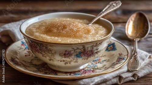 Bowl of hasty pudding topped with brown sugar.