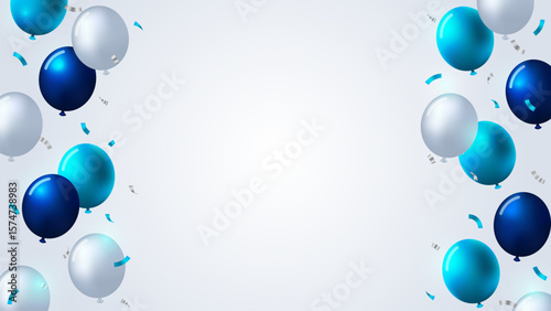 light blue, blue and white balloons with falling confetti in white and grey background template for birthday, celebration, graduation, anniversary or business events