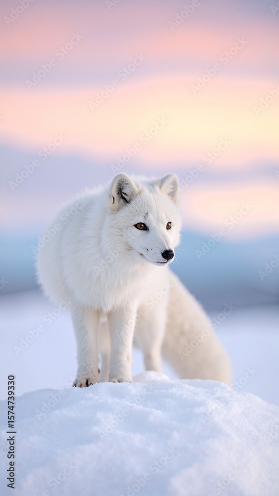 Obraz premium A majestic white fox stands gracefully atop a pristine blanket of snow, its fur glistening in the soft winter sunlight, surrounded by a serene, snowy landscape.