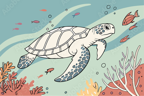 Illustration of a sea turtle swimming in the ocean with coral and small fish around it