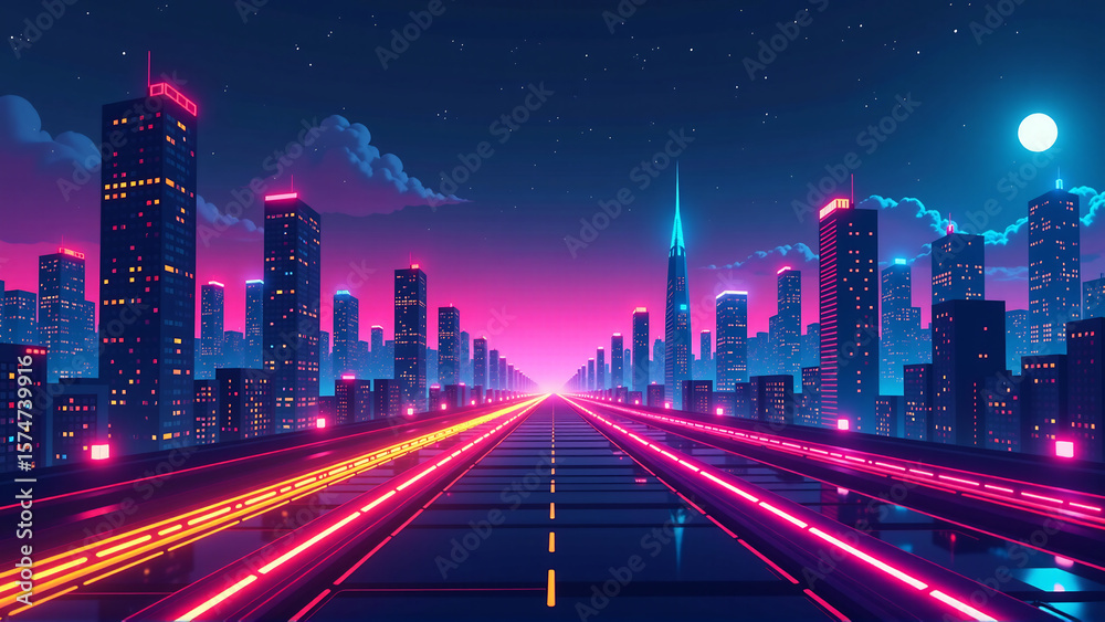 Fototapeta premium Neon Pixelated Cyber City Background