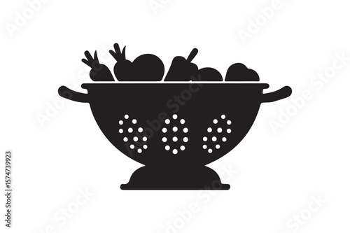Fresh Produce Colander Silhouette with Healthy Fruits and Vegetables Design