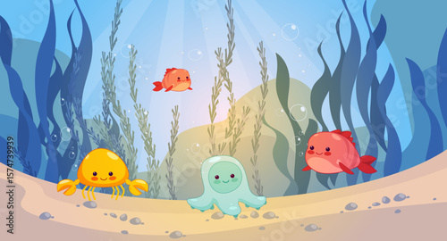 Underwater world of the ocean, sea with marine life. Vector flat style. Colorful fish, jellyfish underwater surrounded by algae.