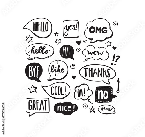 Hello yes omg hi wow thanks cool oh great nice speech bubbles text