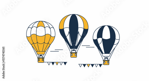 Three hot air balloons, each with a different color scheme, are flying with decorative flags.