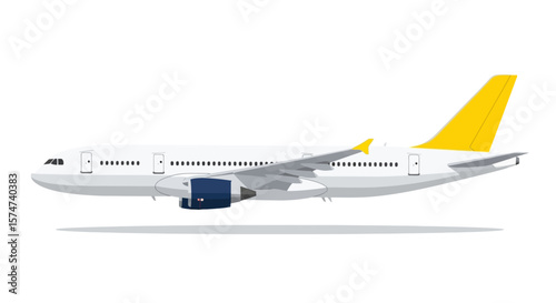 A white airplane with yellow tail and wingtips is depicted in a side view on a white background.