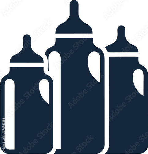 Three dark blue baby bottles silhouette isolated on white background