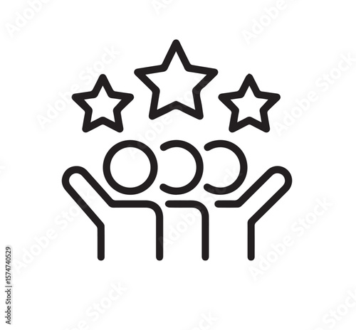 Three figures with raised arms and stars above people group