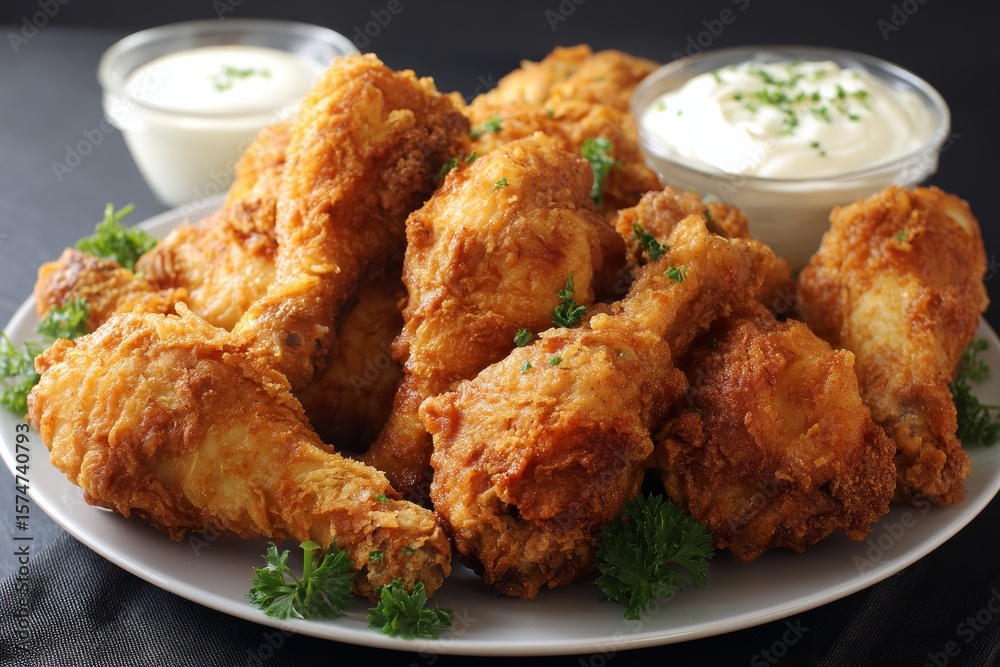 Fried chicken drumsticks with dip. Fried chicken drumsticks with dip.