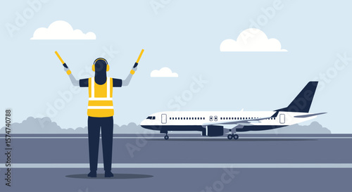 Airport ground crew member guiding an airplane during taxiing or takeoff.
