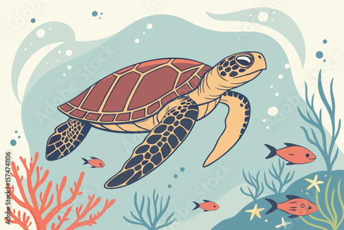 Illustration of a sea turtle swimming underwater with fish and coral in a serene ocean scene