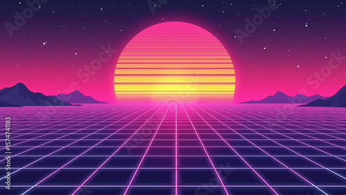 Y2K Vaporwave Sunset Grid Background