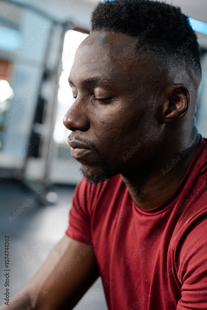 African American man resting on bench in gym in red shirt near squat rack, copy space African American man resting on bench in gym in red shirt near squat rack, copy space