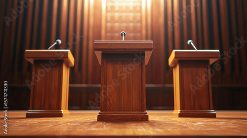 Three wooden podiums with microphones in a dimly lit conference room.