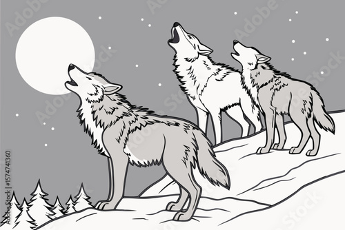Illustration of three wolves howling at the moon in a snowy winter landscape under a starry sky