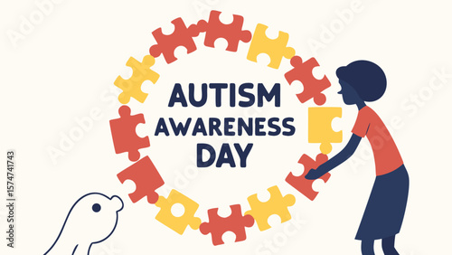 Autism Awareness Day:  Stylized Illustration Featuring Person Assembling Puzzle Pieces in a Circle,  Representing Unity and Support,  Simple Vector Graphic, Positive and Hopeful Mood.