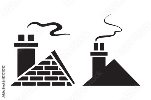 Rooftop Chimney Silhouette Icons with Smoke for Home and Industrial Designs