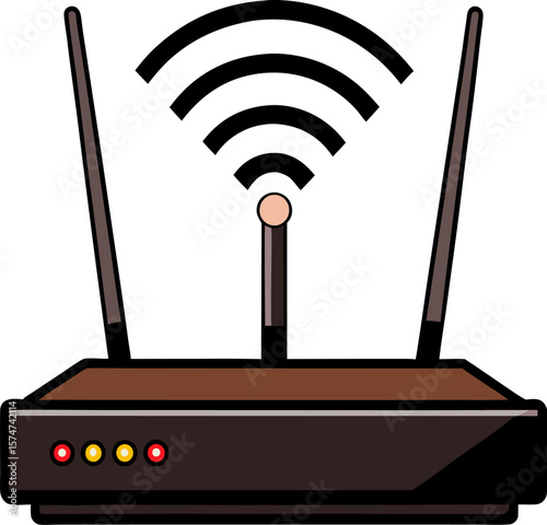 Modern wireless router with antennas broadcasting wi fi signal with indicator lights