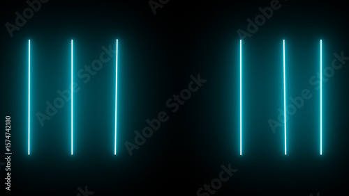 Horizontal neon line animation moving from right to left on black screen. Abstract glowing neon lights blinking lines 