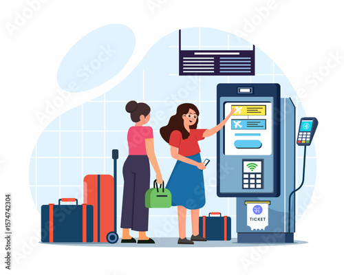 woman using self check-in kiosks in airport terminal  online check in technology with online payment at airport vector illustration