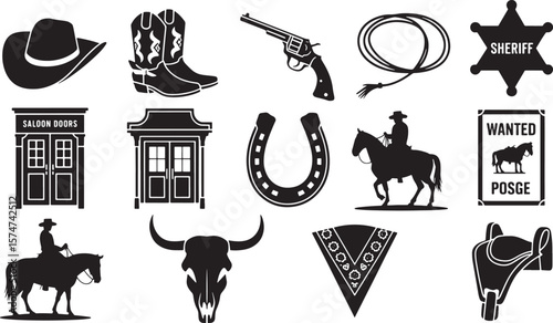Wild West Cowboy Culture Icons Set Boots Gun Lasso Saloon
