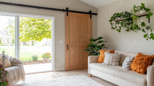 bright rustic living room, sliding barn doors, farmhouse couch, cozy textures