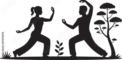 Dynamic Couple Dancing Martial Arts Pose Fitness Movement Silhouette