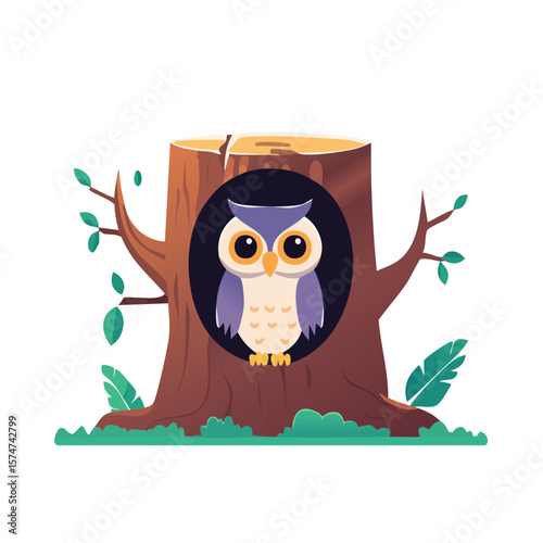 Owl in a Tree Trunk Isolated on a Transparent Background 