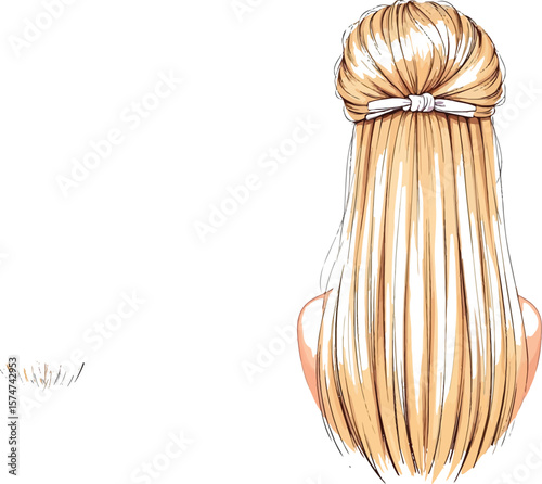 Blonde Hair Silhouette – Vector Illustration of Female Back View with Long Straight Hair and Bow Hairstyle