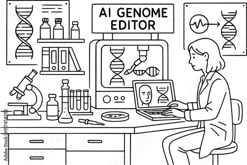 AI Genome Editing Lab – Vector Illustration of Genetic Engineering with Artificial Intelligence