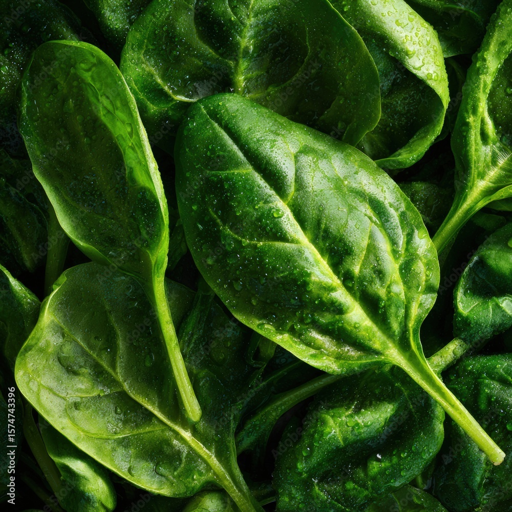 Fototapeta premium Close-up photograph of fresh spinach leaves, high-resolution photography, natural lighting, soft shadows, commercial food photography for advertising