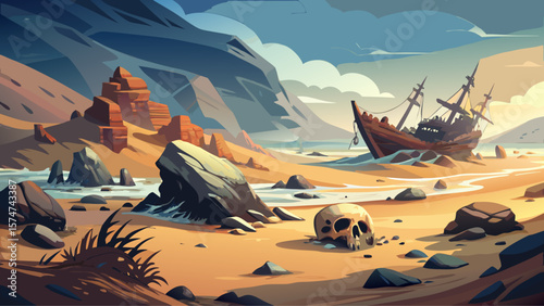 Skeleton Coast, Namibia – Fog‑shrouded Atlantic coast hides shipwrecks amid sand dunes. Rocky shore under cold light invokes mysterious desert‑sea juxtaposition.