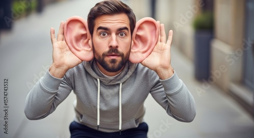 Humorous image of a man with exaggeratedly large ears, cupping them as if trying to listen closely, I'm all ears
