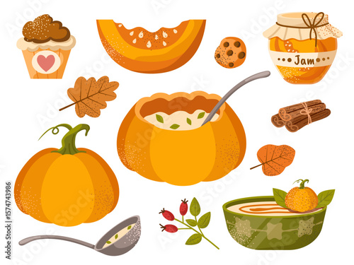 Pumpkin dish. Vector set of dishes with fresh ripe pumpkin, jam jar, fruitcake, soup. Traditional autumn Thanksgiving food. Autumn set for halloween invitation, harvest, menu