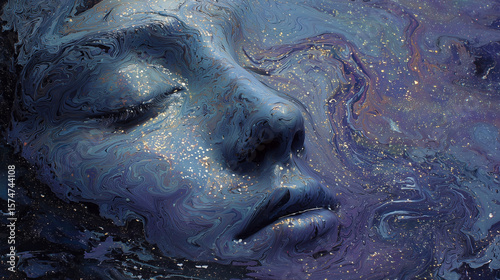 Serene face floating in paint turbulence