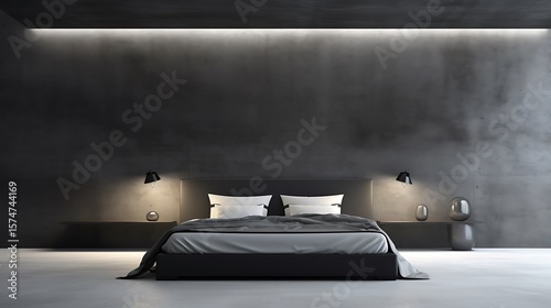 High-contrast interior with charcoal black bedding, icy silver concrete wall, linear LED lights embedded into the ceiling, clean full-frame composition