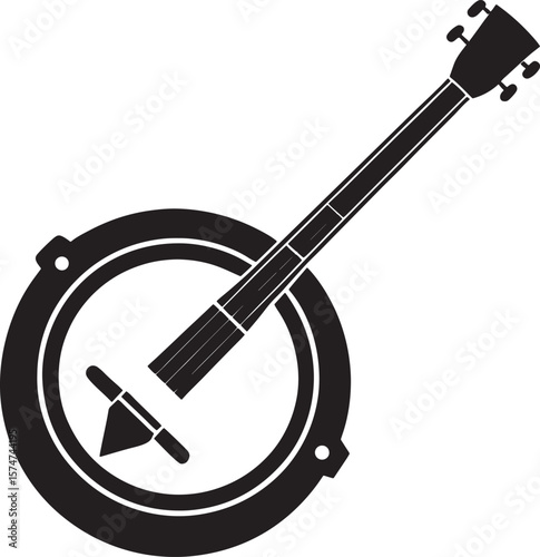 Black silhouette of a banjo musical instrument isolated on white background