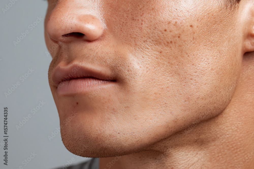 Obraz premium Macro shot of man cheek with visible pores and hydrated skin showing natural texture and slight facial hair stubble, highlighting healthy skin condition and detail