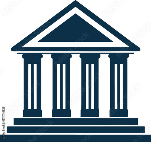 Classic building with columns and triangular roof silhouette isolated on white background