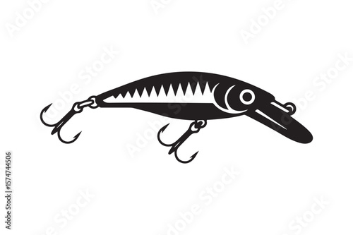 Realistic Fishing Lure Silhouette Design with Hooks for Angling and Bait