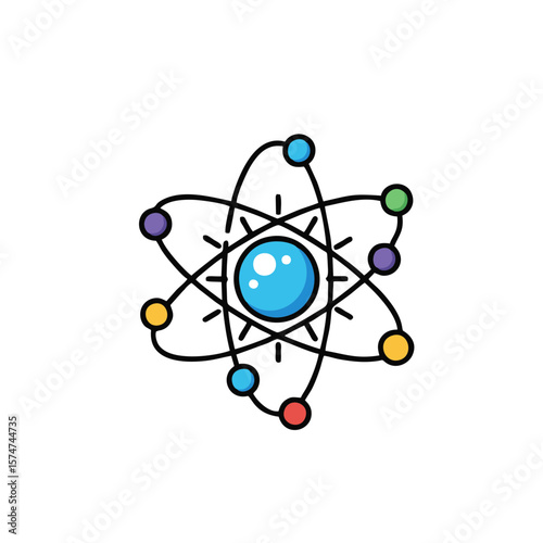 Illustration of an atom with orbiting electrons and a central nucleus in vibrant colors