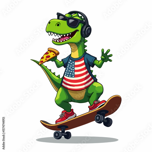 Vector drawing for children t-shirt. 
Cute teenager green american dinosaur boy with headphones, glasses, piece of pizza on skateboard 
on white background. Cartoon design for fabric, 
kids clothing.