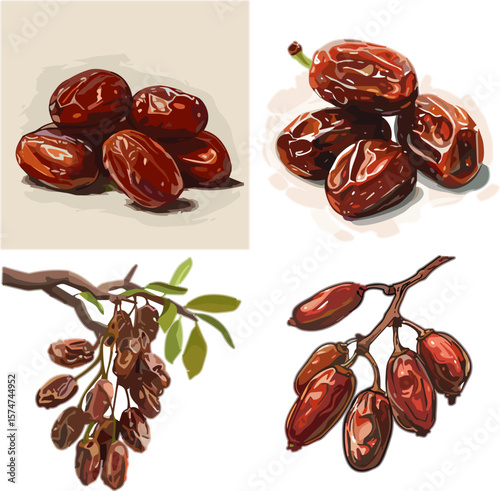 set of dates in color style isolated on white, fruits no background