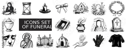 Icons set of funeral elements in black and white, vector icon set in sketch style