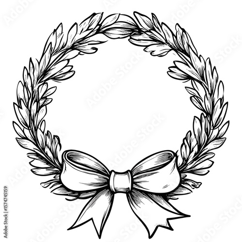 Wreath with ribbon in black and white, vector icons in sketch style of funeral